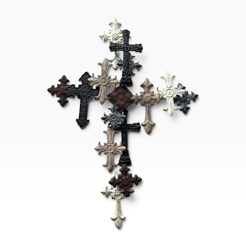Large Metal Neutral Collage Crosses Cross Wall Hanging 40” Farmhouse Rustic